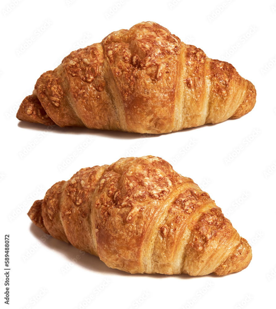 Golden brown cheese and butter croissants with shadow isolated on the white background. Tasty crusty croissants Golden brown cheese and butter croissants with shadow isolated on the white background. Tasty crusty croissants