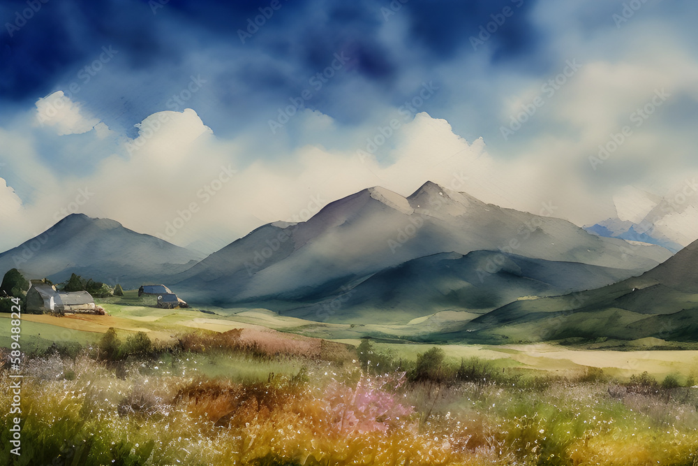 landscape with clouds and mountains, watercolor art, Good for postcards, poster and canvas. Generative AI