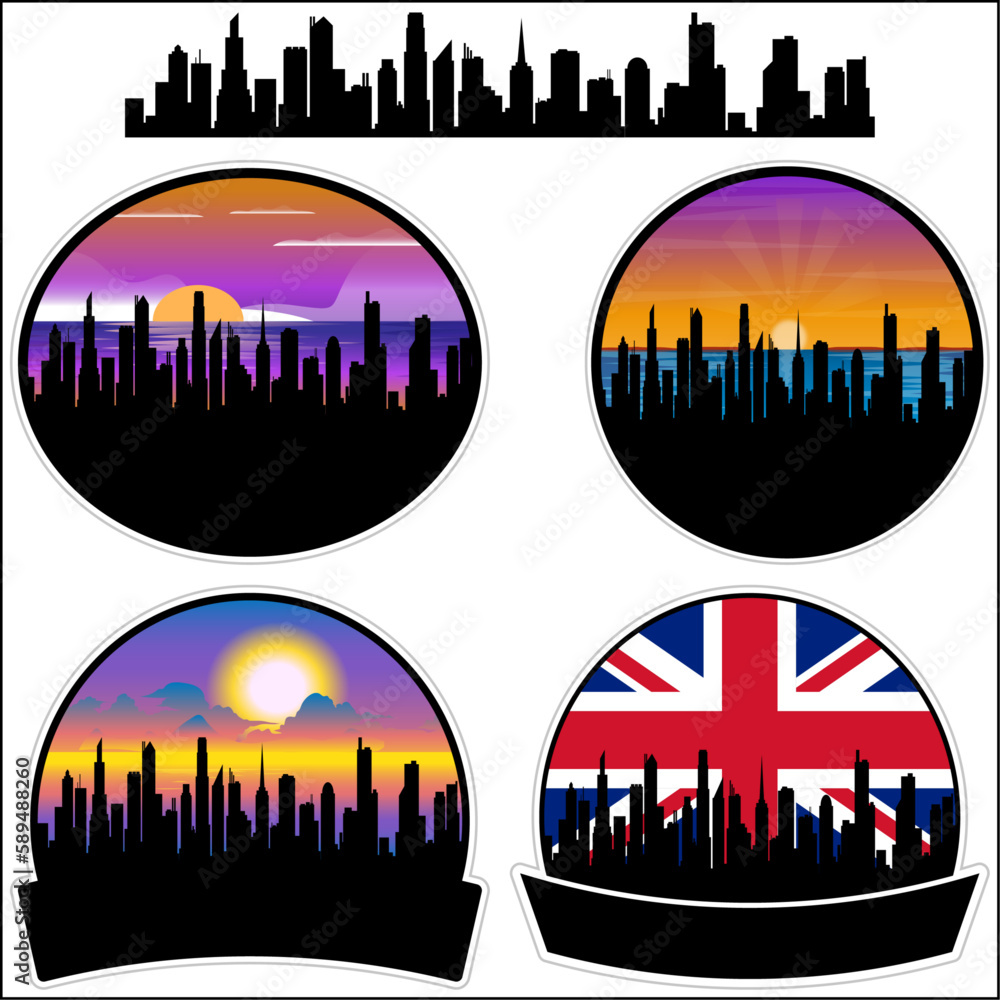Addlestone Skyline Silhouette Uk Flag Travel Souvenir Sticker Sunset Background Vector Illustration SVG EPS AI