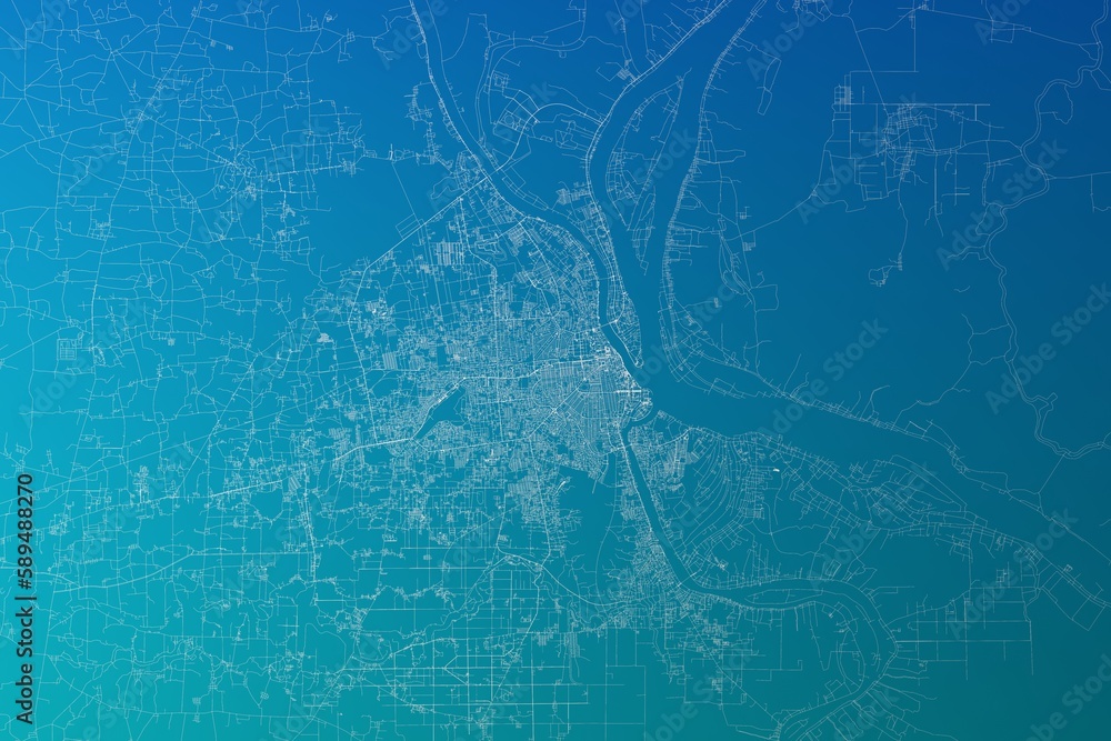 Map of the streets of Phnom Penh (Cambodia) made with white lines on greenish blue gradient background. 3d render, illustration Map of the streets of Phnom Penh (Cambodia) made with white lines on greenish blue gradient background. 3d render, illustration