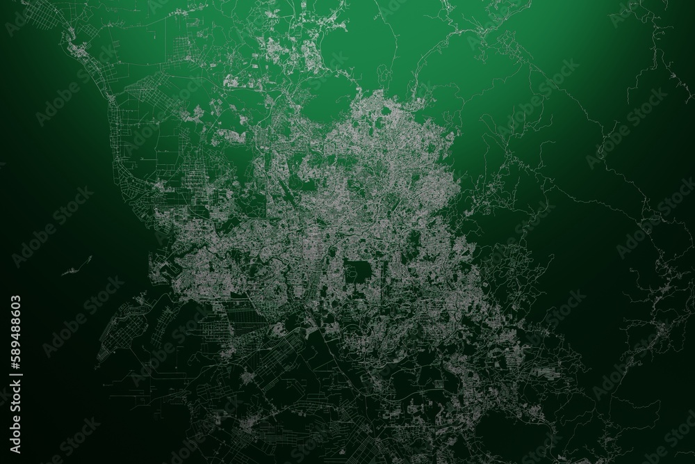 Street map of Kuala Lumpur (Malaysia) engraved on green metal background. Light is coming from top. 3d render, illustration Street map of Kuala Lumpur (Malaysia) engraved on green metal background. Light is coming from top. 3d render, illustration