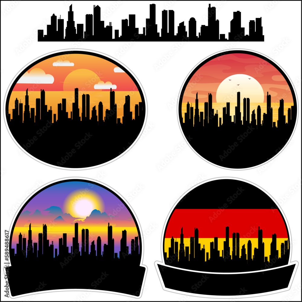 Templin Skyline Silhouette Germany Flag Travel Souvenir Sticker Sunset Background Vector Illustration SVG EPS AI