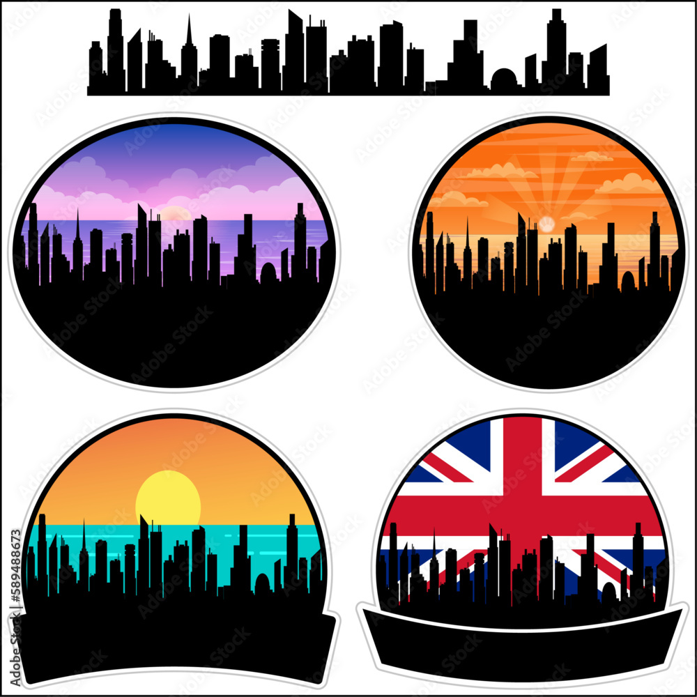 Royston Skyline Silhouette Uk Flag Travel Souvenir Sticker Sunset Background Vector Illustration SVG EPS AI