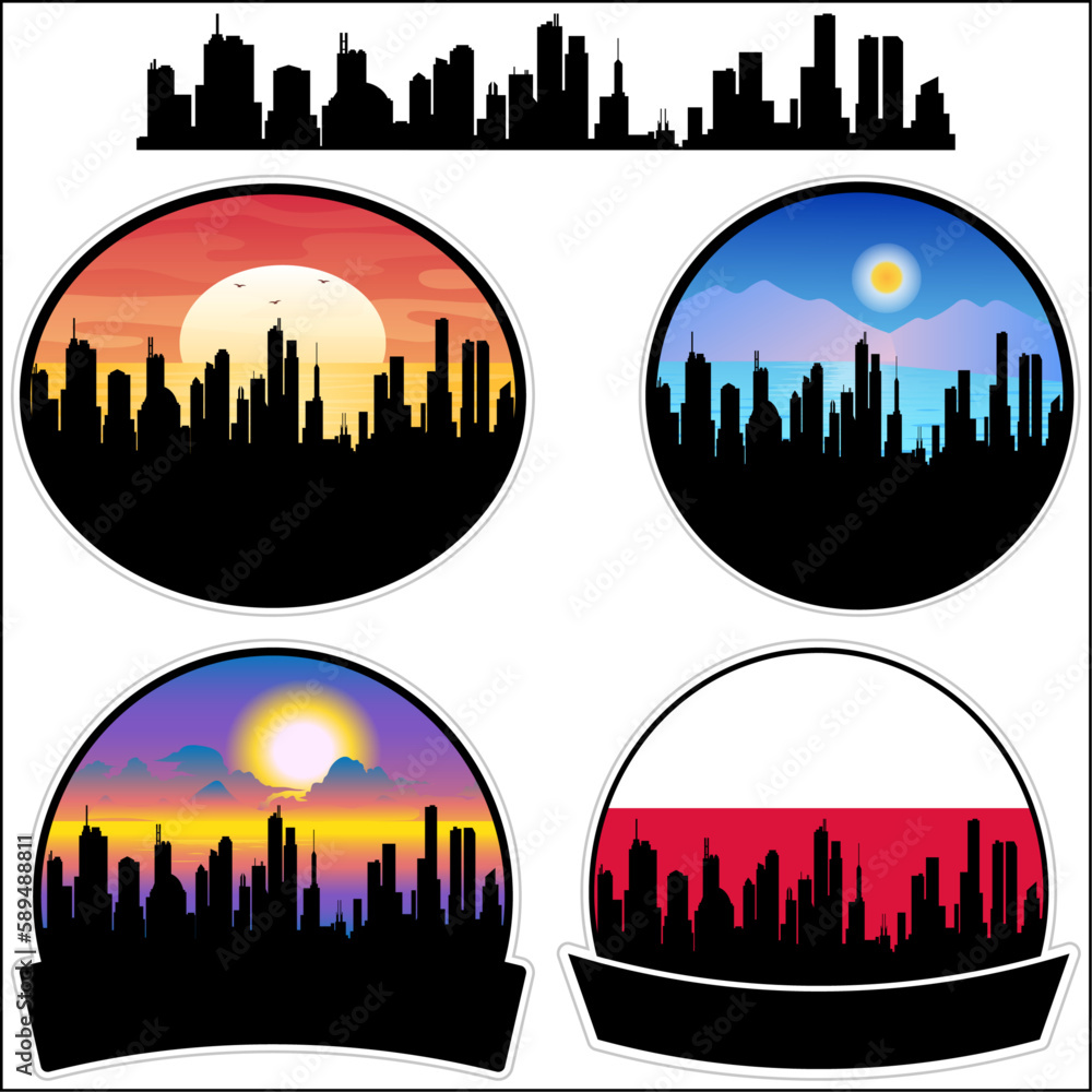 Leczyca Skyline Silhouette Poland Flag Travel Souvenir Sticker Sunset Background Vector Illustration SVG EPS AI