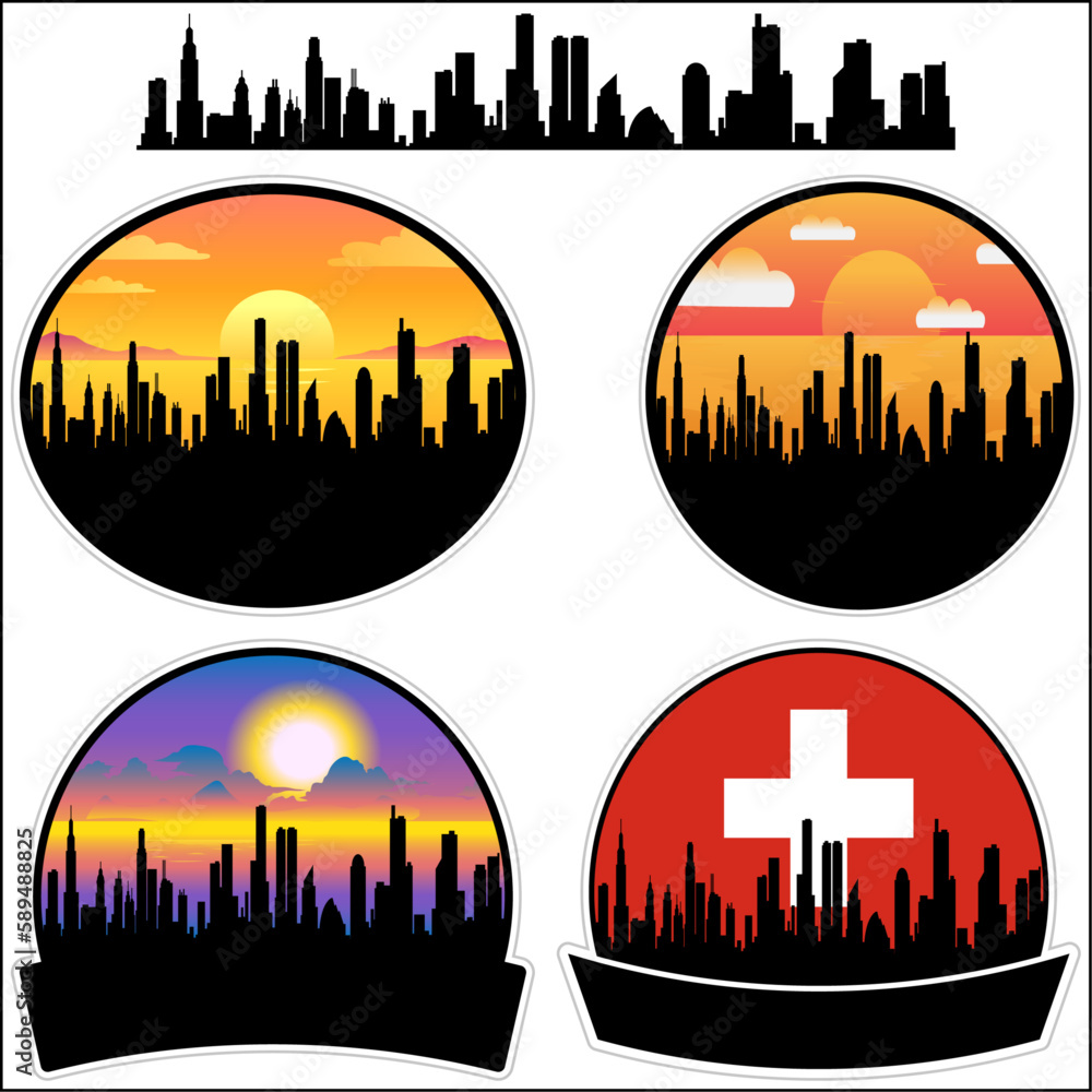 Binningen Skyline Silhouette Switzerland Flag Travel Souvenir Sticker Sunset Background Vector Illustration SVG EPS AI