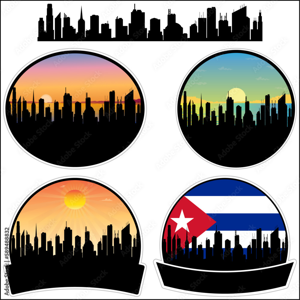 Najasa Skyline Silhouette Cuba Flag Travel Souvenir Sticker Sunset Background Vector Illustration SVG EPS AI