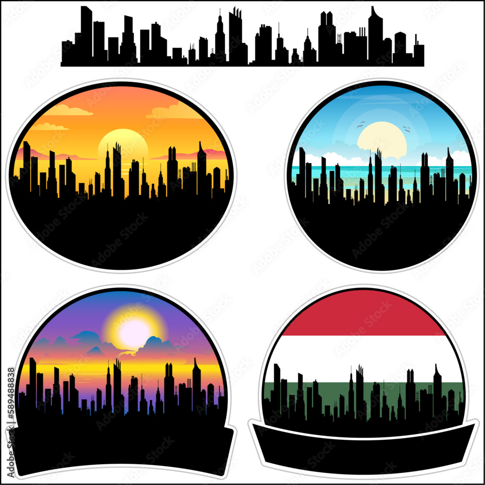 Szarvas Skyline Silhouette Hungary Flag Travel Souvenir Sticker Sunset Background Vector Illustration SVG EPS AI