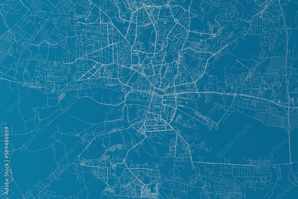 Map of the streets of Kaliningrad (Russia) made with white lines on blue background. 3d render, illustration
