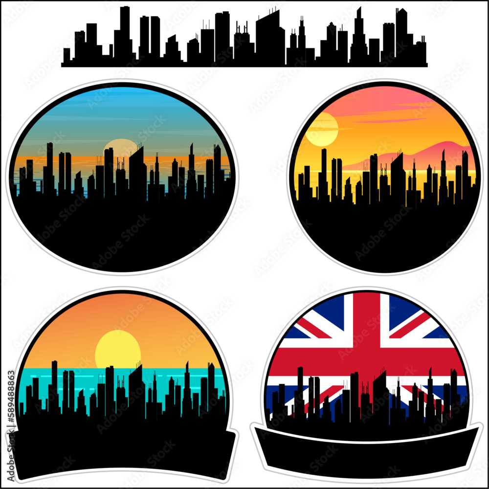 Swinton Skyline Silhouette Uk Flag Travel Souvenir Sticker Sunset Background Vector Illustration SVG EPS AI