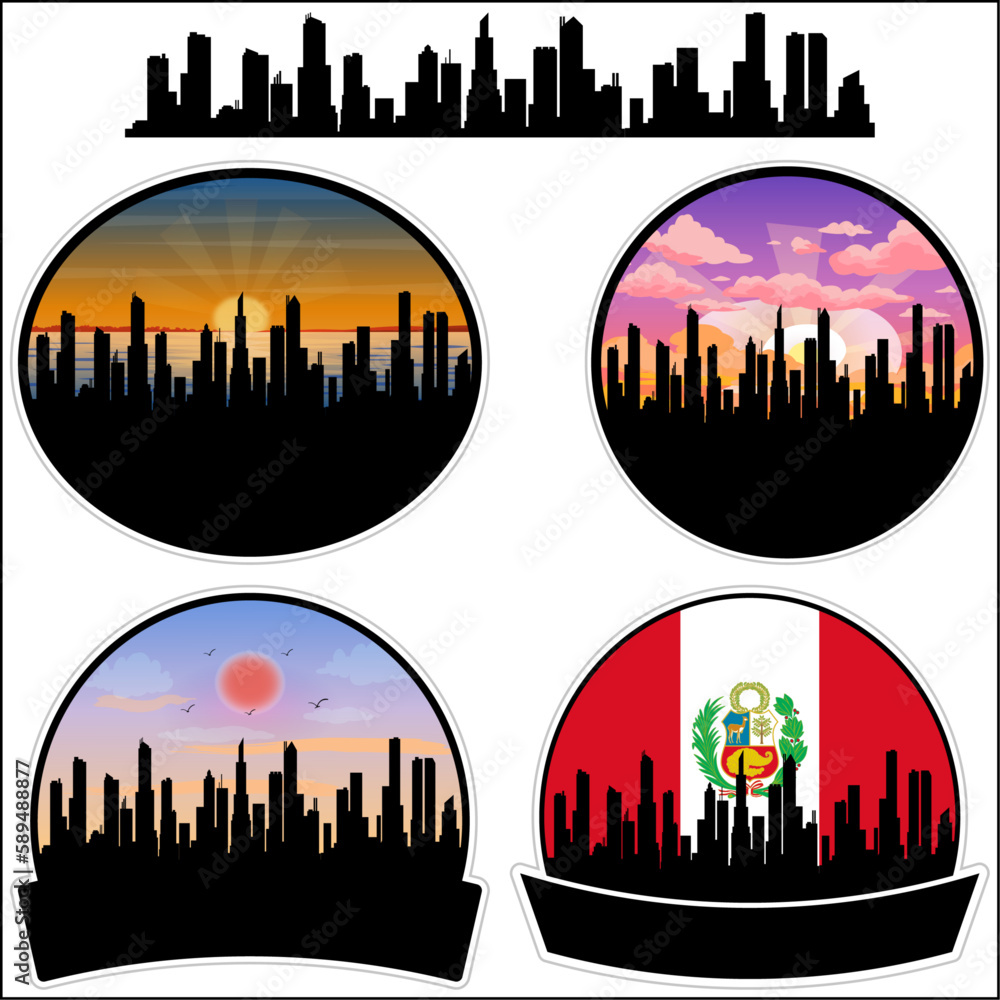 Puerto Pimentel Skyline Silhouette Peru Flag Travel Souvenir Sticker Sunset Background Vector Illustration SVG EPS AI