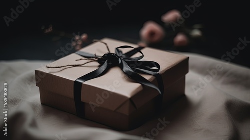 nature material, vintage gift box wrapped in brown recycle paper, tie with jute ribbon, Generative Ai