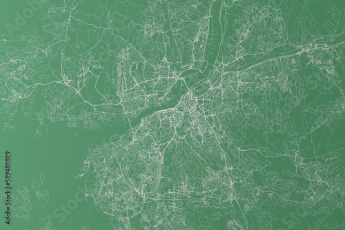 Stylized map of the streets of Gothenburg (Sweden) made with white lines on green background. Top view. 3d render, illustration