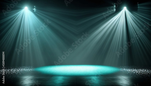 immerse yourself in an ethereal world: empty dark stage transformed with mist, fog, and cyan spotlights, perfect for showcasing artistic works and products. generative ai