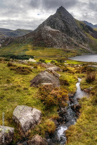 Tryfan and waterfall, Bangor, Ogwen Valley, Snowdonia, Wales, UK