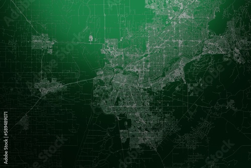 Street map of Sacramento (California, USA) engraved on green metal background. Light is coming from top. 3d render, illustration