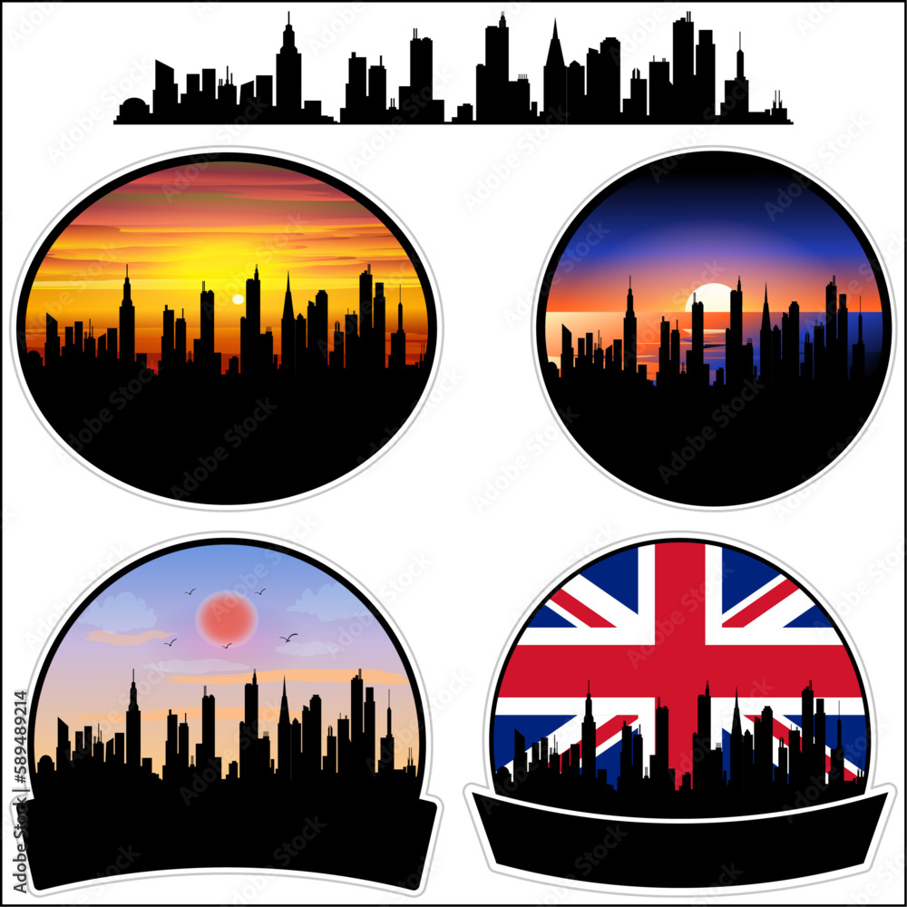 Perivale Skyline Silhouette Uk Flag Travel Souvenir Sticker Sunset Background Vector Illustration SVG EPS AI
