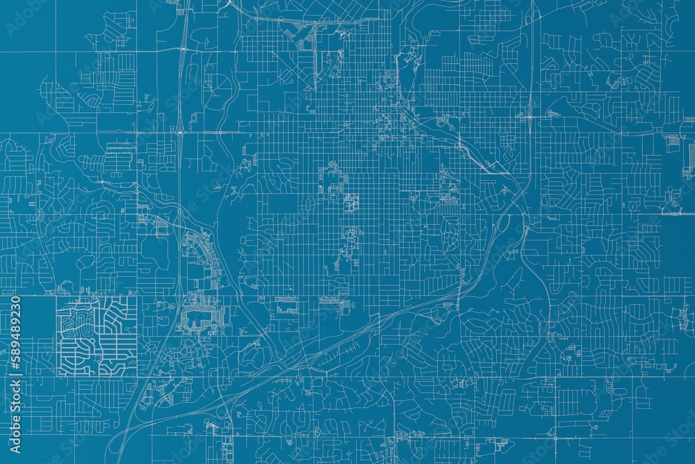 Map of the streets of Sioux Falls (South Dakota, USA) made with white lines on blue background. 3d render, illustration