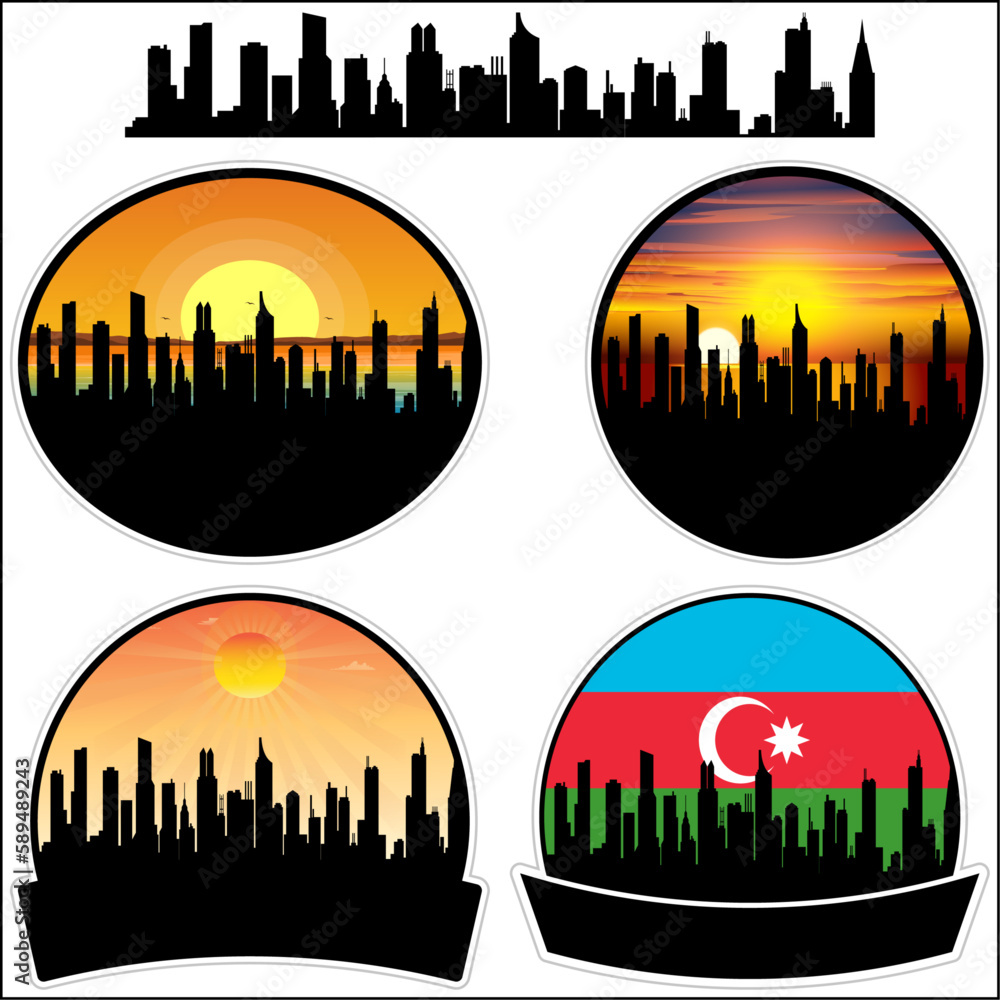 Goygol Skyline Silhouette Azerbaijan Flag Travel Souvenir Sticker Sunset Background Vector Illustration SVG EPS AI