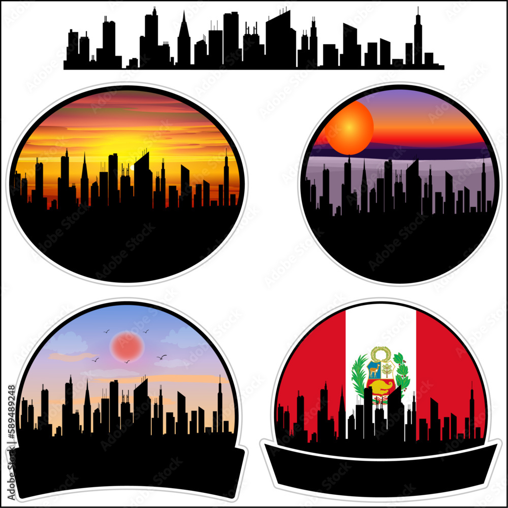 Junin Skyline Silhouette Peru Flag Travel Souvenir Sticker Sunset Background Vector Illustration SVG EPS AI