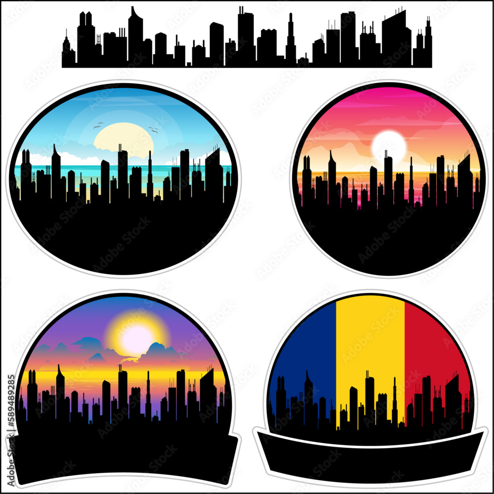 Bragadiru Skyline Silhouette Romania Flag Travel Souvenir Sticker Sunset Background Vector Illustration SVG EPS AI