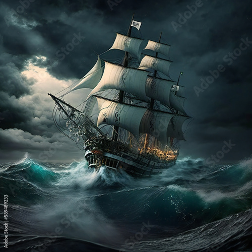 Pirate ship sailing in the dark ocean, Generative AI