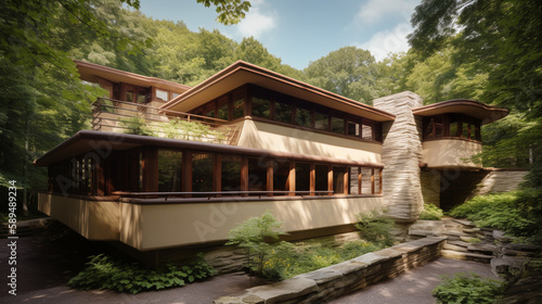 A Frank Lloyd Wright house with organic architecture Generative AI photo