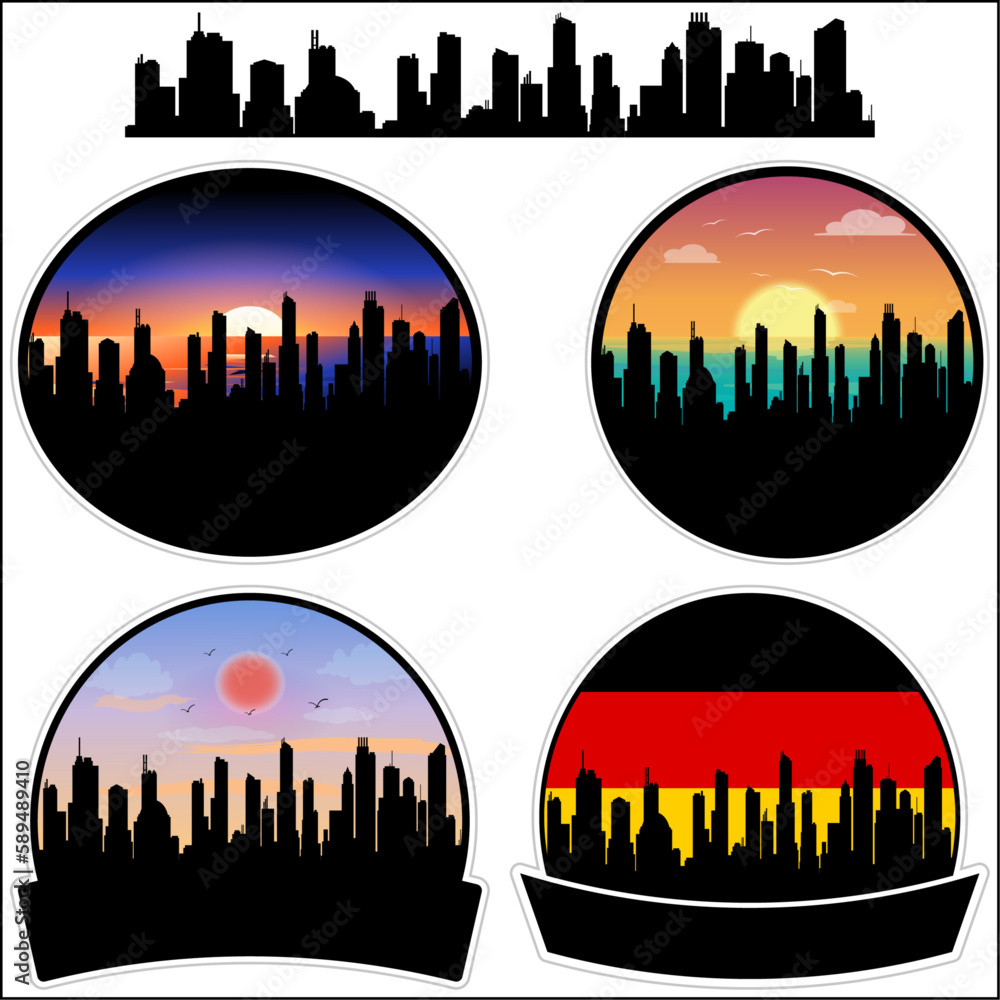 Hofgeismar Skyline Silhouette Germany Flag Travel Souvenir Sticker Sunset Background Vector Illustration SVG EPS AI