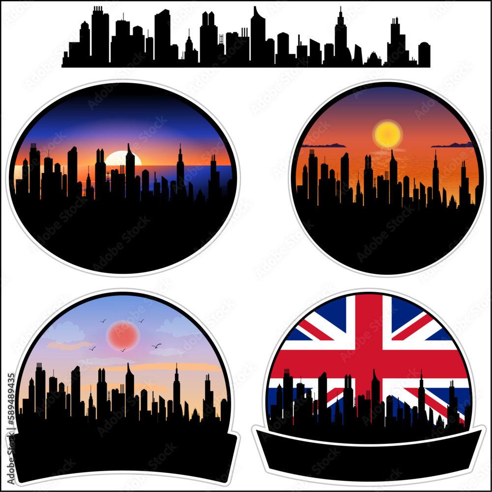 Mexborough Skyline Silhouette Uk Flag Travel Souvenir Sticker Sunset Background Vector Illustration SVG EPS AI
