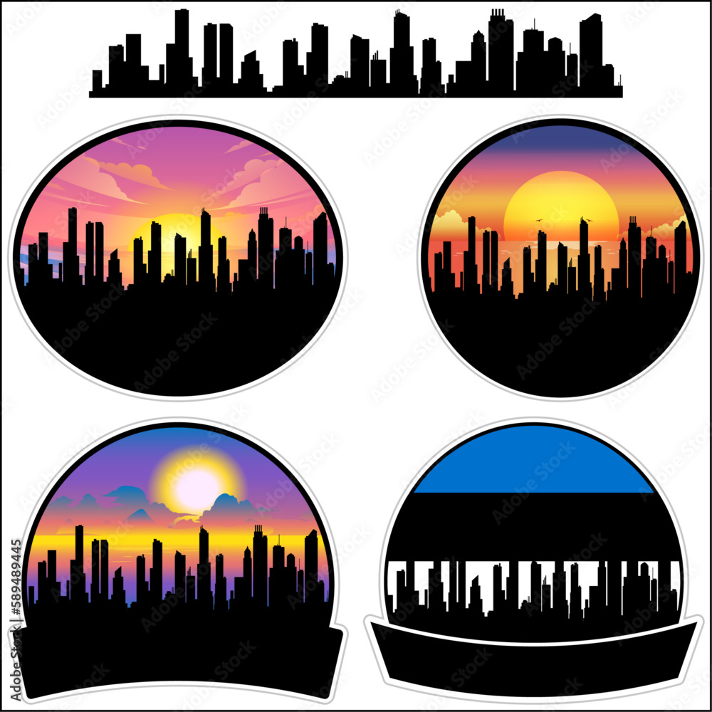 Rakvere Skyline Silhouette Estonia Flag Travel Souvenir Sticker Sunset Background Vector Illustration SVG EPS AI