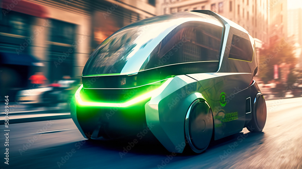 A futuristic electric cargo transport vehicle navigating through a crowded city street, showcasing versatility and maneuverability A futuristic electric cargo transport vehicle navigating through a crowded city street, showcasing versatility and maneuverability