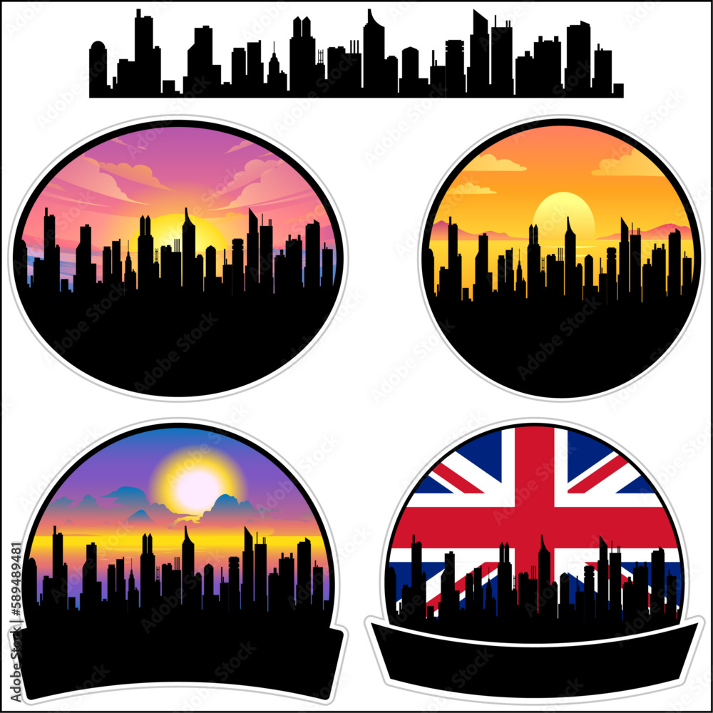 Bidston Skyline Silhouette Uk Flag Travel Souvenir Sticker Sunset Background Vector Illustration SVG EPS AI
