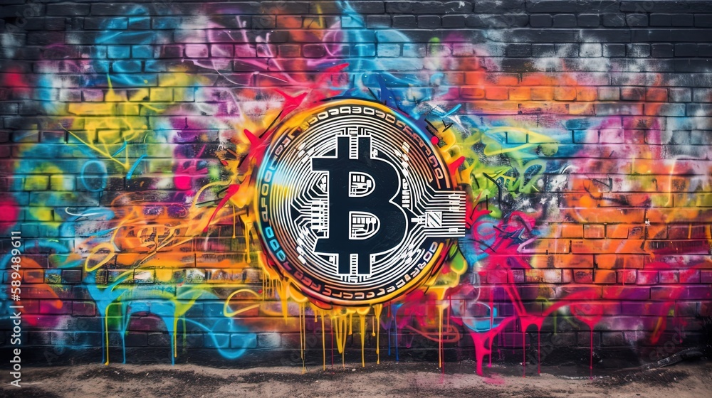 Fototapeta premium bitcoin graffiti on urban city wall, Generative Ai