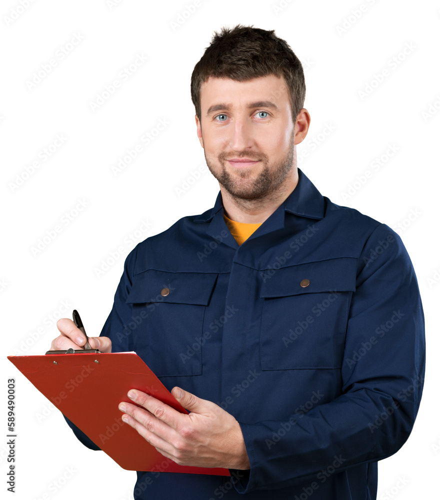 Delivery man with clipboard on light background Delivery man with clipboard on light background