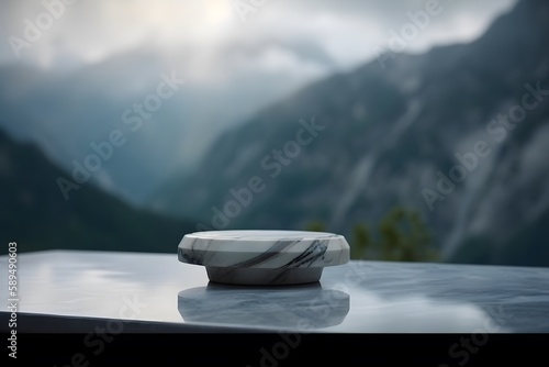 Marble table with cloudy mountain bokeh as backdrop for product display. Generative AI