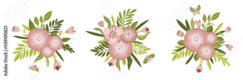 Botanical set of garden flower plants. Blooming flowers and leaf isolated on white background. Colorful flat vector illustration