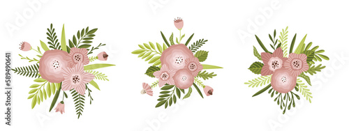 Botanical set of garden flower plants. Blooming flowers and leaf isolated on white background. Colorful flat vector illustration