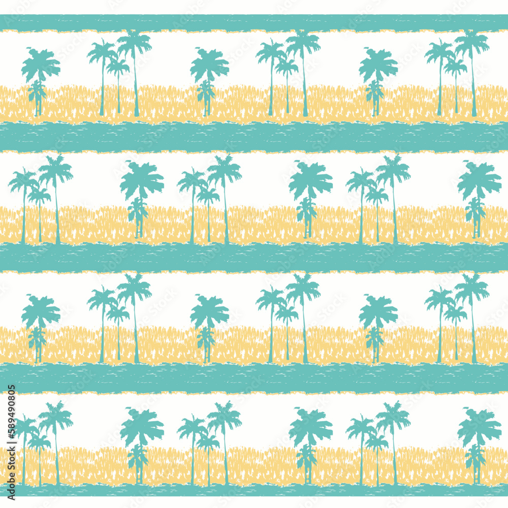 Obraz premium Summer stripe pattern, Tropical pattern with sketchy vintage palm trees. Hand drawn vector illustration. Leaves of palm tree. Seamless pattern. Vector background.