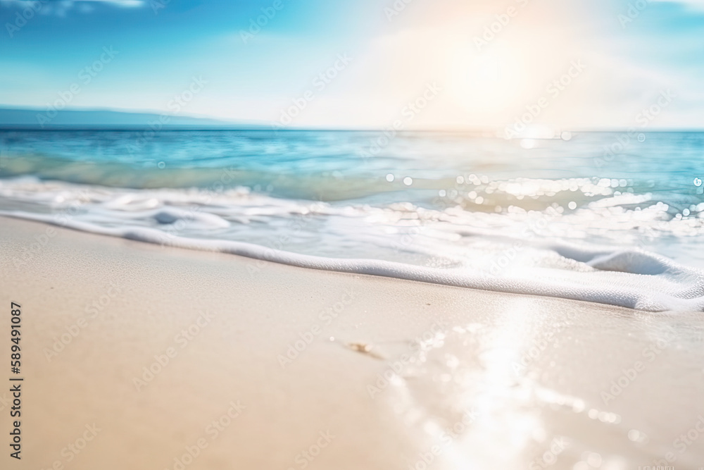 background of a paradise beach with white sand and turquoise sea with sunbeams. Ai generative