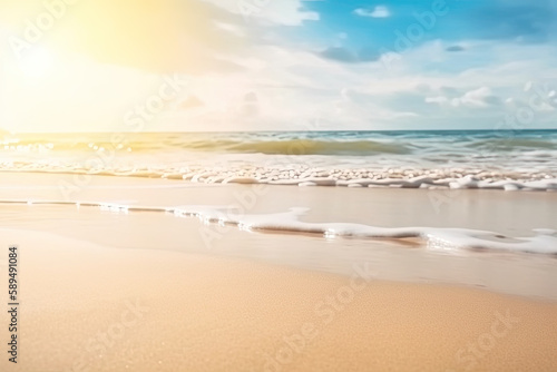 background of a paradise beach with white sand and turquoise sea with sunbeams. Ai generative