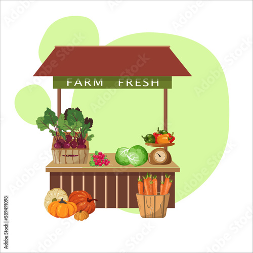 Vegetable shop greengrocery farm stand. Vector illustration in color flat style. Healthy food concept