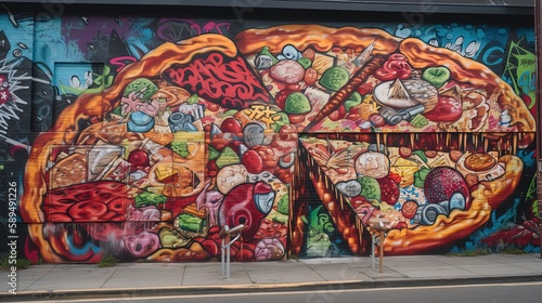 painting wall illustration, graffiti art wall paint in doodle pizza, creative artistic, Generative Ai