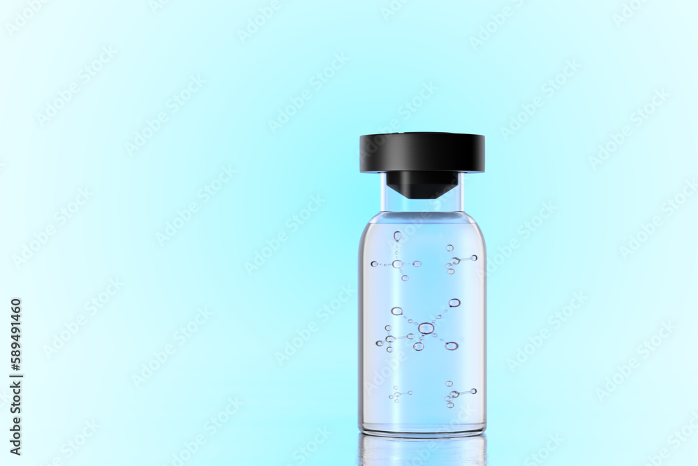 Glass, transparent medical bottle with dna icon inside. 3d renderer.