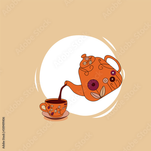 Set of floral porcelain tea cup and orange teapot on color background. Tea time flat vector illustration photo