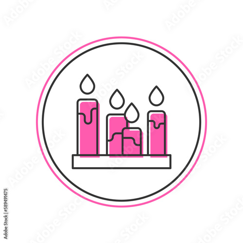 Filled outline Burning candle icon isolated on white background. Cylindrical aromatic candle stick with burning flame. Happy Halloween party. Vector