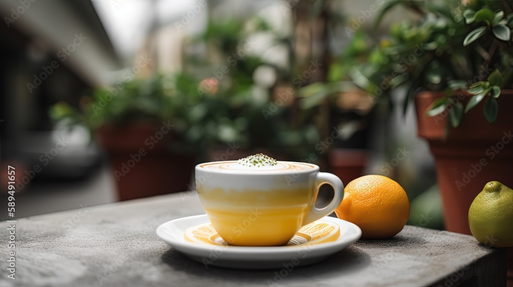 close up sour and sweet lemon almond milk latte in backyard garden, refresh drink on weekend, Generative Ai