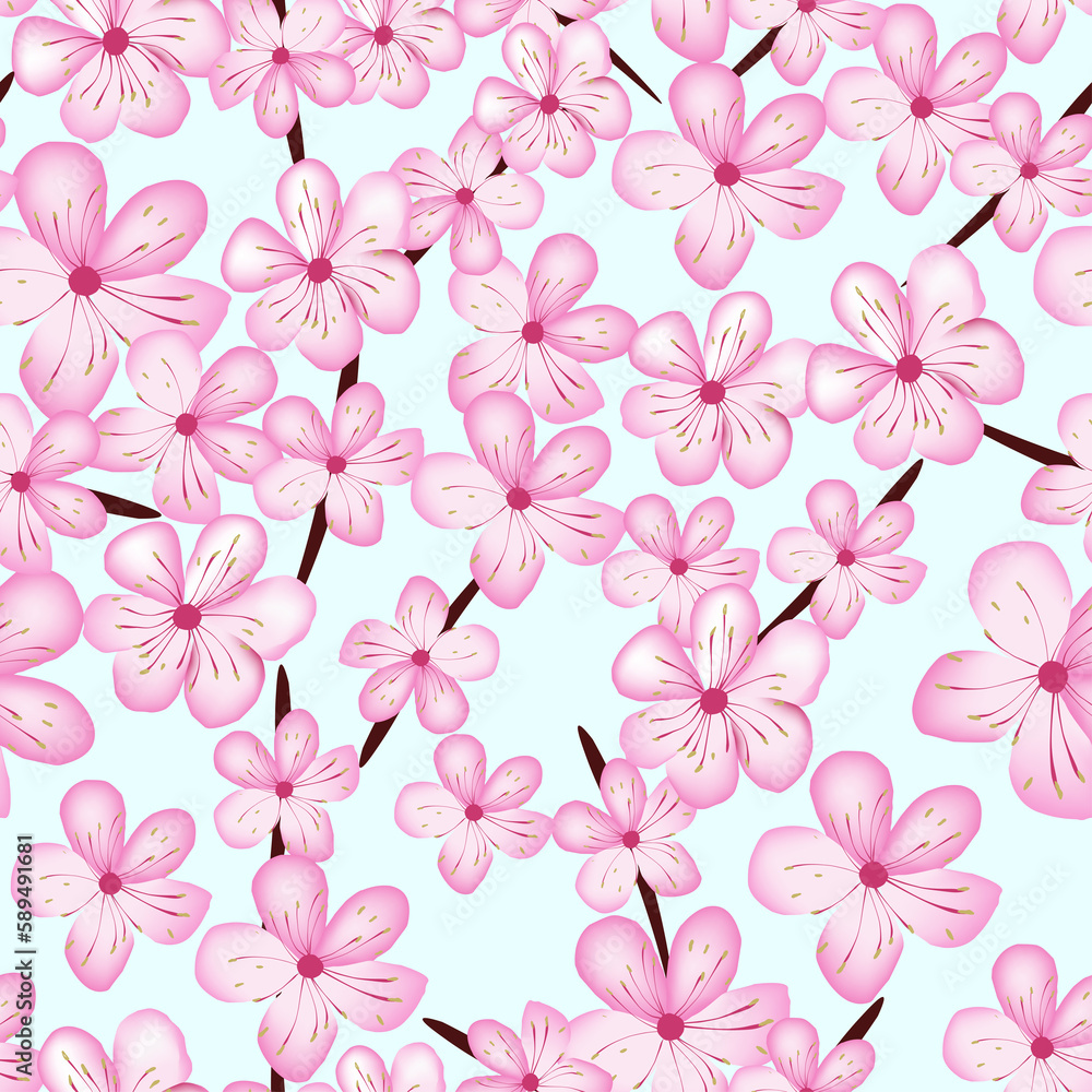 Cherry flower spring blossom seamless pattern on blue sky Cherry flower spring blossom seamless pattern on blue sky