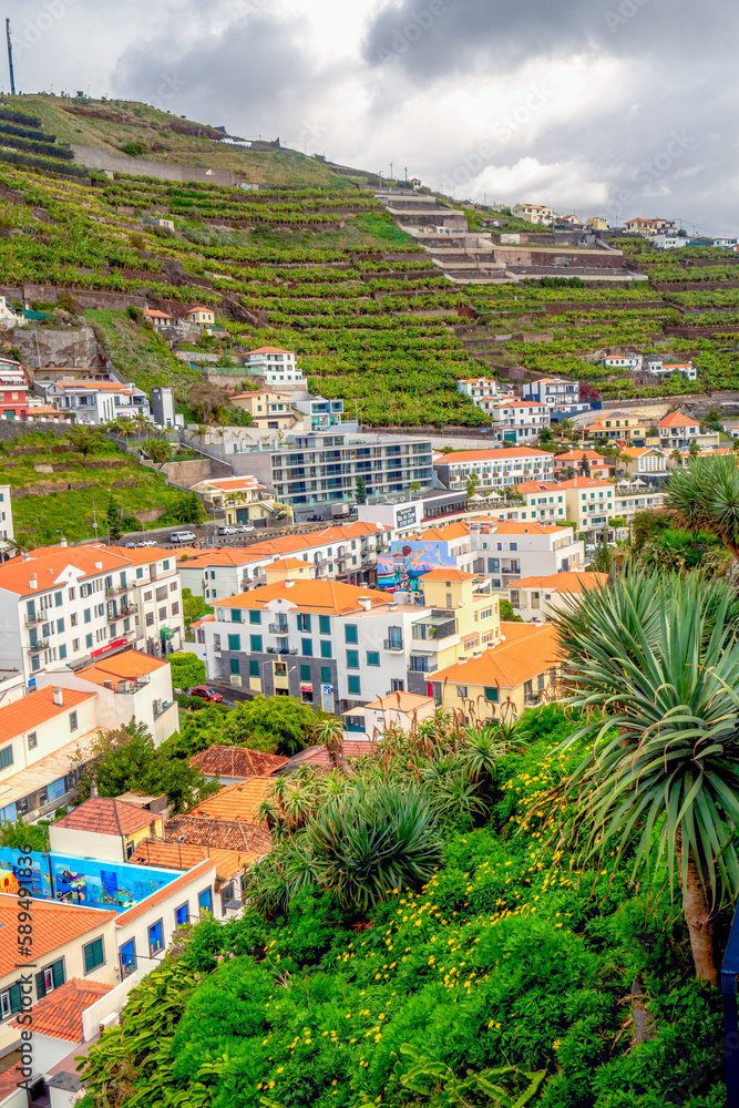 view of Camara de lobos city center, Madeira, Portugal on sunny winter day in february