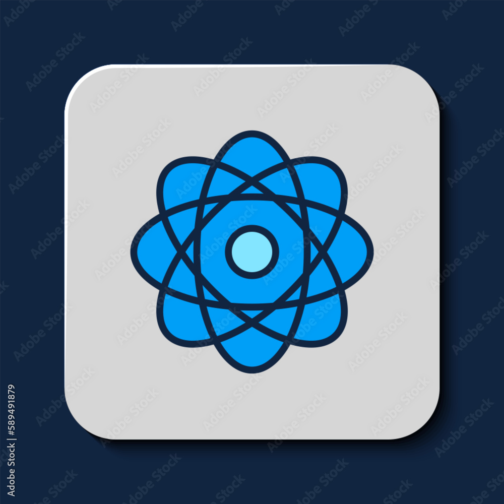 Filled outline Atom icon isolated on blue background. Symbol of science, education, nuclear physics, scientific research. Vector
