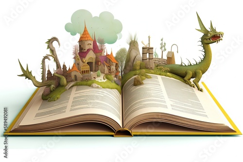 enchanted magic fairytale book with fantasy scene pop up on page, a castle with dragon invade , Generative Ai