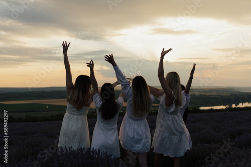 Silhouette of group of girlfriends raise a toast with glasses of white colored wine on a sunset. Back view.